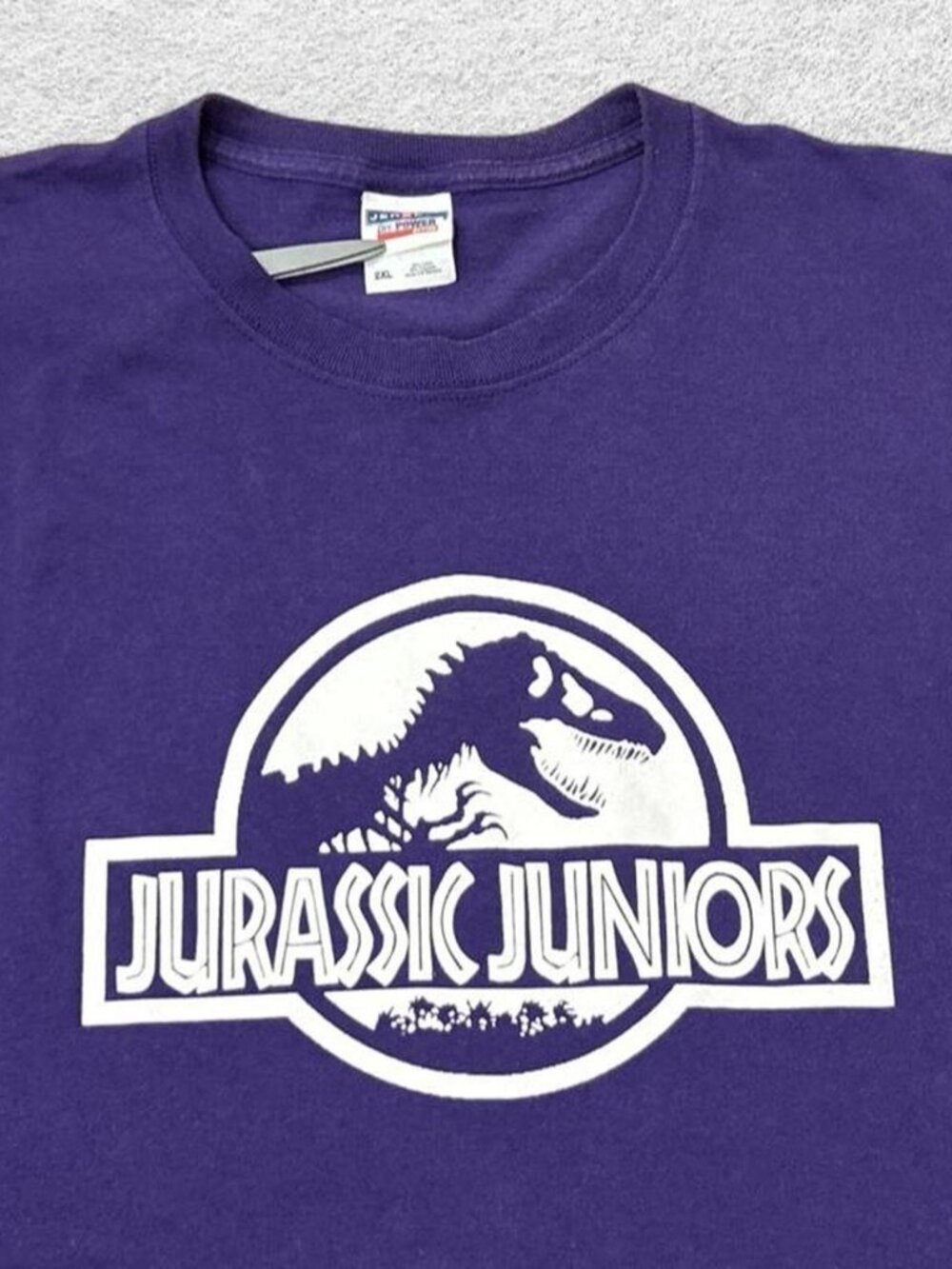 Vtg JERZEES Jurassic Park Juniors 90s Trex Dinosaur Purple Graphic Tshirt 2XL